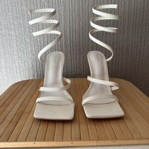 PrettyLittleThing White Spiral Wrap Square-Toe Heels with Ankle Straps